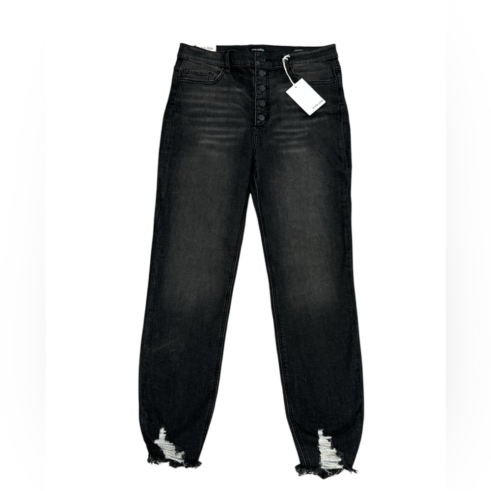 Poison Mushroom Distressed High-Rise Skinny Exposed Button Fray Hem Jeans